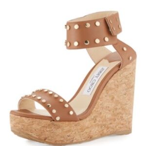 Jimmy Choo Nelly Leather Gold Studded Cork Wedge Sandal 41 EUC LIKE NEW